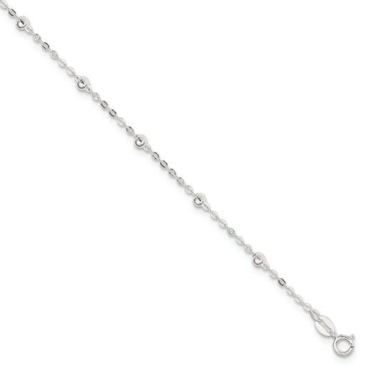Sterling Silver 1mm Beaded Chain 9in Plus 1in ext. Anklet - Solomon Jewelers