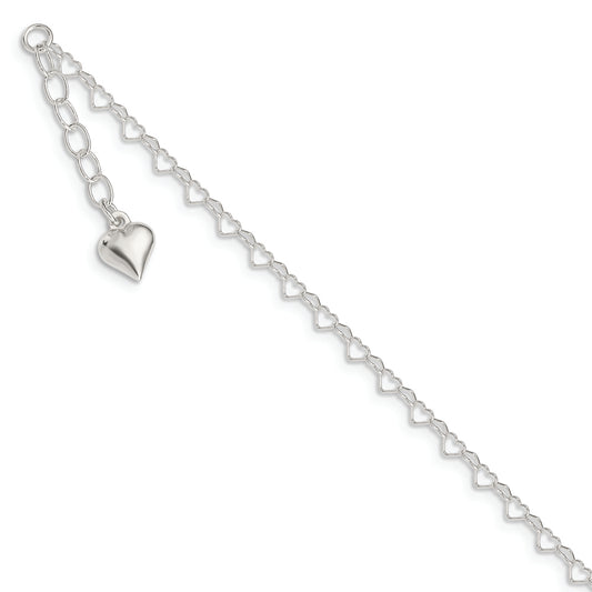 Sterling Silver Polished Puffed Heart 9in Plus 1in ext. Anklet - Solomon Jewelers
