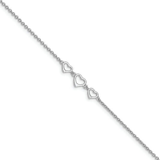 Sterling Silver Rhodium-plated 10 in Plus1 in ext Three Hearts Anklet - Solomon Jewelers