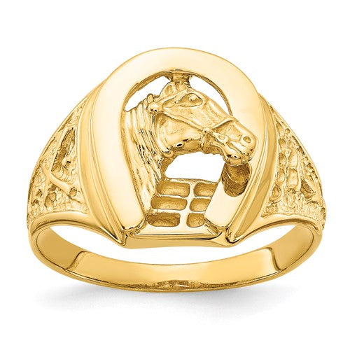14k polished gold horseshoe ring featuring a detailed horse in the center, crafted by Solomon Jewelers.