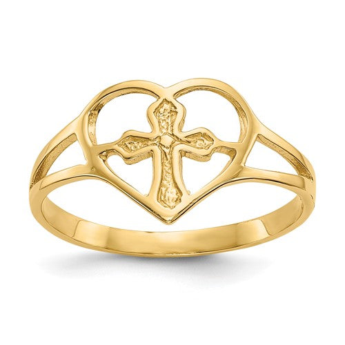 14k gold cross in heart design ring from Solomon Jewelers, featuring a delicate gold band with a cross and heart motif.