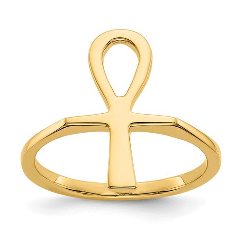 14k polished gold Ankh Egyptian cross ring, jewelry ring with intricate design from Solomon Jewelers.
