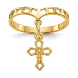 14k gold polished cross dangle charm ring showing a sleek gold band with a dangling cross design.