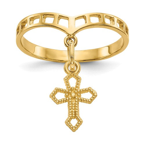 14k gold polished cross dangle charm ring showing a sleek gold band with a dangling cross design.
