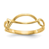 14k polished Ichthus Fish ring from Solomon Jewelers, showcasing a sleek gold design with detailed fish motif.