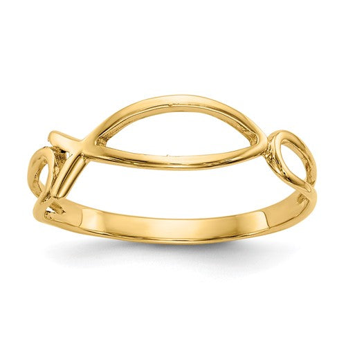 14k polished Ichthus Fish ring from Solomon Jewelers, showcasing a sleek gold design with detailed fish motif.