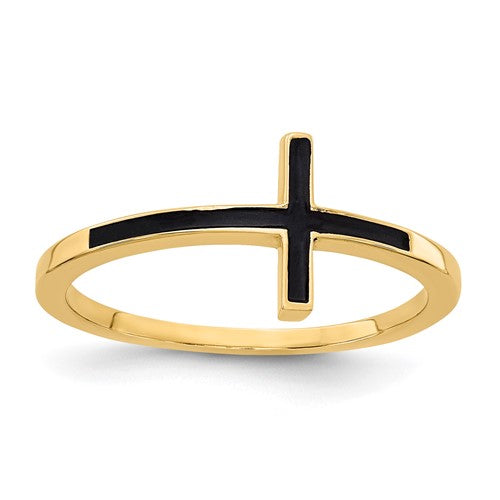 Antiqued 14k gold sideways cross ring from Solomon Jewelers showing detailed design on a jewelry ring.