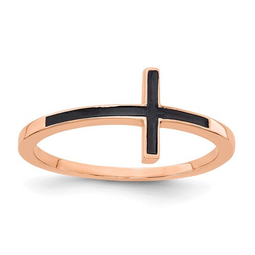 14k rose gold enameled sideways cross ring with detailed design, showcasing elegant jewelry craftsmanship.