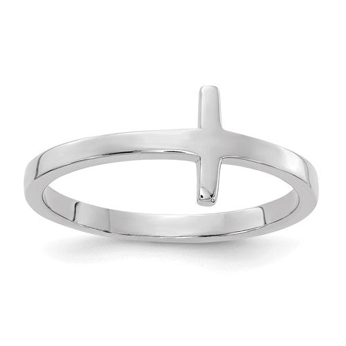 14k white gold sideways cross ring featuring a sleek design, crafted by Solomon Jewelers, shown on a white background.