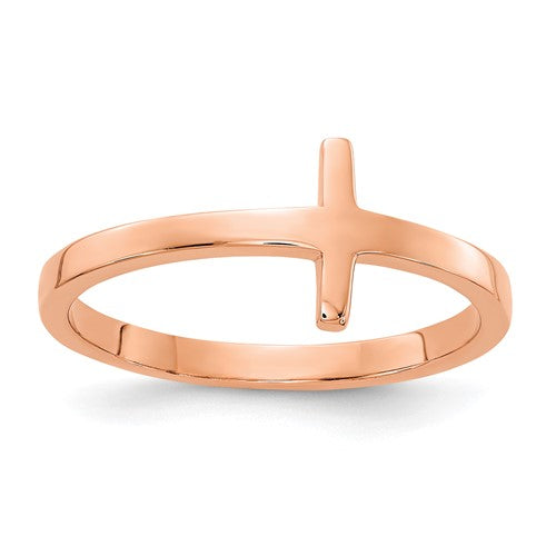 14k rose gold sideways cross ring, elegant jewelry ring with a modern design from Solomon Jewelers.