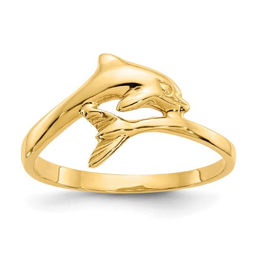 14k gold dolphin ring featuring intricate design, crafted by Solomon Jewelers, perfect for jewelry enthusiasts and animal lovers.