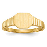 14k gold child's open back signet ring with 7.5x6.0mm face, crafted by Solomon Jewelers, displayed on a jewelry stand.