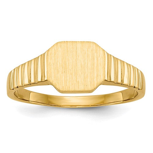 14k gold child's open back signet ring with 7.5x6.0mm face, crafted by Solomon Jewelers, displayed on a jewelry stand.