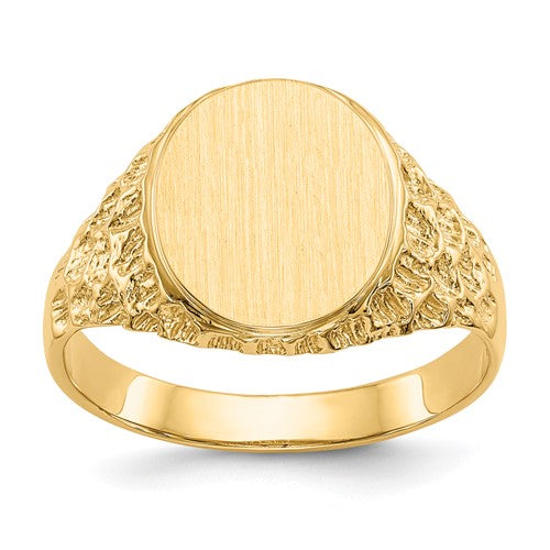 14k gold men's signet ring with open back, 10.5x12.5mm size, displayed in a jewelry image