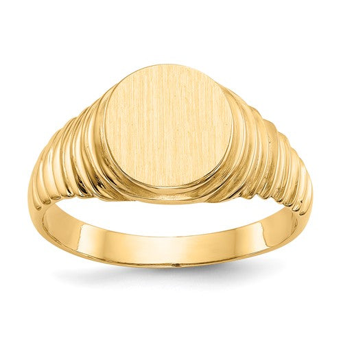 14k gold men's signet ring with open back, 10.5x9.5mm size, featuring a polished design and detailed craftsmanship