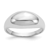 14k white gold polished dome ring showing a smooth, shiny finish and rounded design, crafted by Solomon Jewelers.