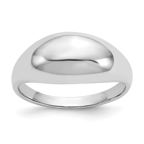 14k white gold polished dome ring showing a smooth, shiny finish and rounded design, crafted by Solomon Jewelers.