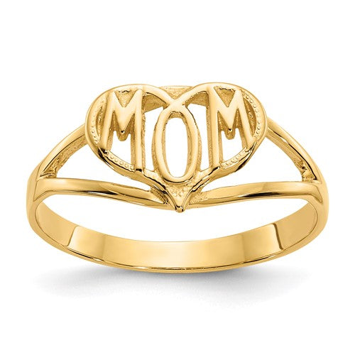 14k polished gold mom heart ring from Solomon Jewelers, featuring a smooth, shiny finish and a heartfelt design.