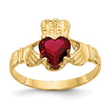 14k gold January CZ birthstone Claddagh ring featuring a heart and crown design, crafted by Solomon Jewelers.