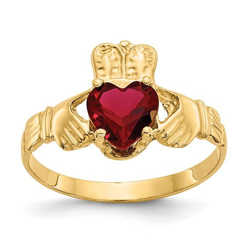 14k gold January CZ birthstone Claddagh ring featuring a heart and crown design, crafted by Solomon Jewelers.