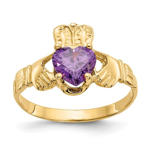 14k February CZ birthstone Claddagh ring from Solomon Jewelers showing intricate design and sparkling cubic zirconia accents.