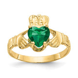 14k gold May birthstone CZ Claddagh ring from Solomon Jewelers, featuring a heart-shaped design and intricate detailing.
