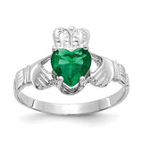 14k white gold May CZ birthstone Claddagh ring with heart and crown design, featuring sparkling cubic zirconia stones.
