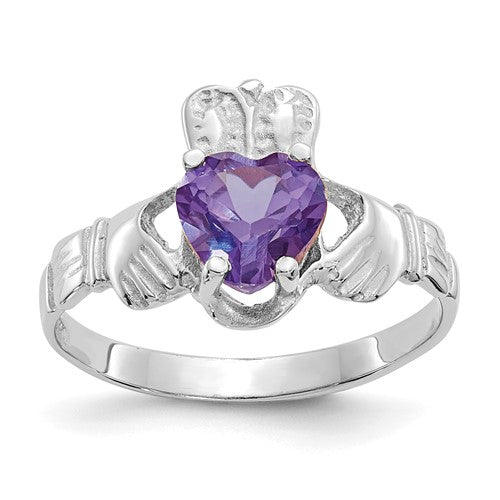 14k white gold June CZ birthstone Claddagh ring with detailed heart and hands design, crafted by Solomon Jewelers.