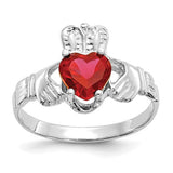 14k white gold July CZ birthstone Claddagh ring with intricate design, featuring a sparkling cubic zirconia stone.
