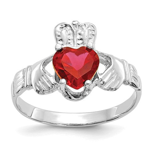 14k white gold July CZ birthstone Claddagh ring with intricate design, featuring a sparkling cubic zirconia stone.