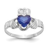 14k white gold September birthstone CZ Claddagh ring featuring a detailed design and sparkling gemstone, crafted by Solomon Jewelers.