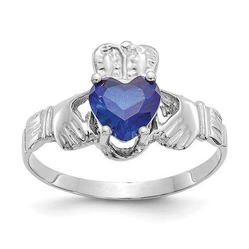 14k white gold September birthstone CZ Claddagh ring featuring a detailed design and sparkling gemstone, crafted by Solomon Jewelers.