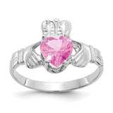 14k white gold October CZ birthstone Claddagh ring showing intricate heart and crown design with sparkling cubic zirconia gemstone.