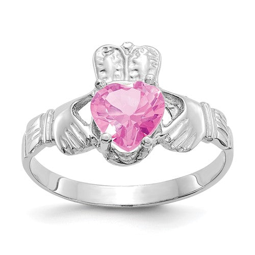 14k white gold October CZ birthstone Claddagh ring showing intricate heart and crown design with sparkling cubic zirconia gemstone.