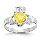 14k white gold November CZ birthstone Claddagh ring with heart and crown design, jewelry ring by Solomon Jewelers.