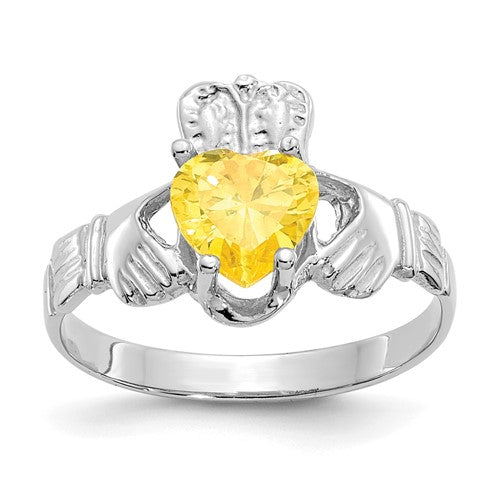 14k white gold November CZ birthstone Claddagh ring with heart and crown design, jewelry ring by Solomon Jewelers.