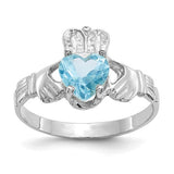 14k white gold December CZ birthstone Claddagh ring with detailed craftsmanship, featuring a heart and crown design.