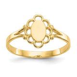 14K gold filigree oval baby signet ring with polished center, detailed jewelry piece from Solomon Jewelers.