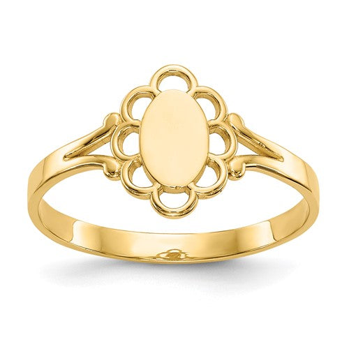 14K gold filigree oval baby signet ring with polished center, detailed jewelry piece from Solomon Jewelers.