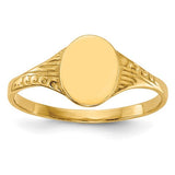 14K gold oval polished child signet ring featuring a smooth, shiny surface, crafted by Solomon Jewelers.