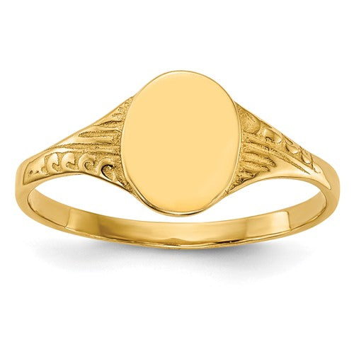 14K gold oval polished child signet ring featuring a smooth, shiny surface, crafted by Solomon Jewelers.