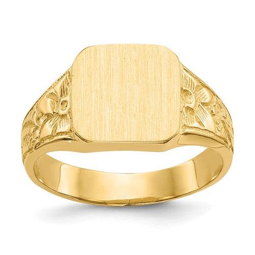 Polished 14K gold square baby signet ring, jewelry ring featuring a smooth, shiny surface, from Solomon Jewelers.