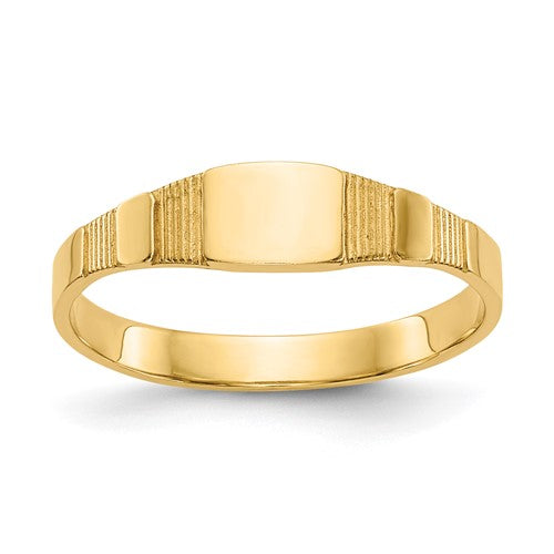 14K polished square baby signet ring from Solomon Jewelers, showcasing a sleek, shiny gold jewelry ring with a smooth square face.