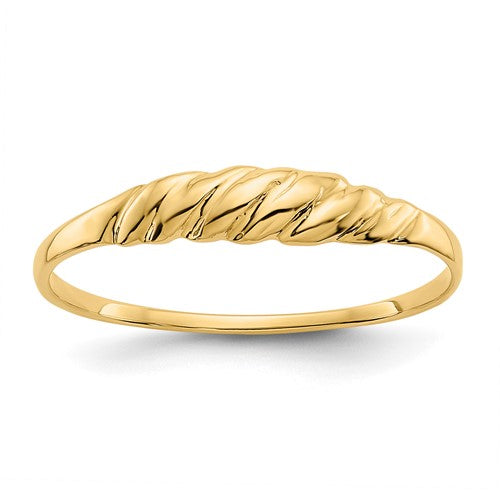 14K gold ridged dome ring featuring a textured design, crafted by Solomon Jewelers, shown on a plain background.