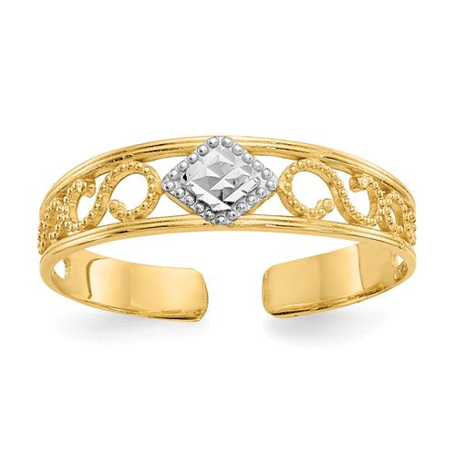 Diamond-cut 14k gold and rhodium toe ring with intricate design, jewelry ring perfect for stylish summer accessories.