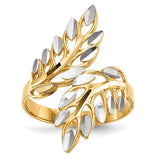 14k white gold ring with diamond-cut leaf design and white rhodium finish, elegant jewelry ring from Solomon Jewelers.