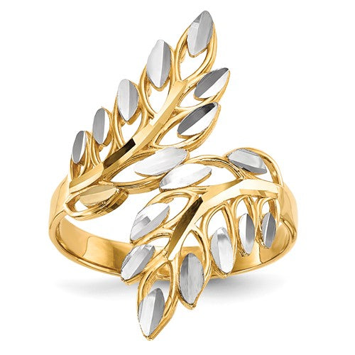 14k white gold ring with diamond-cut leaf design and white rhodium finish, elegant jewelry ring from Solomon Jewelers.