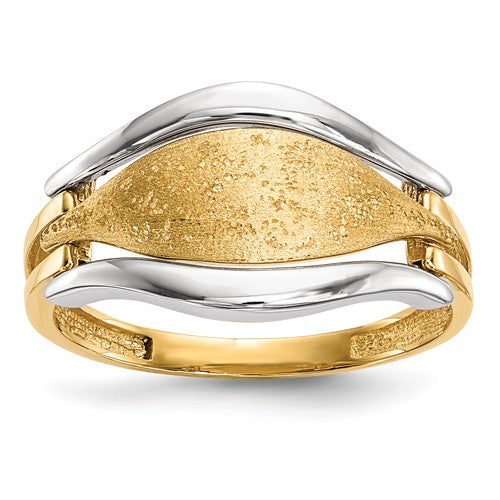 14k two-tone polished and textured ring with gold and silver finish, showcasing elegant jewelry design.