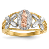 14k two-tone white rhodium polished Our Lady of Guadalupe ring with intricate design, jewelry ring featuring religious iconography.