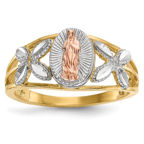 14k two-tone white rhodium polished Our Lady of Guadalupe ring with intricate design, jewelry ring featuring religious iconography.